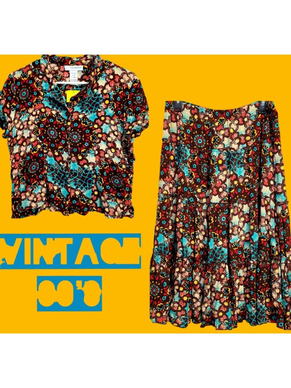 Vintage 90s Colorful Boho Set Women Medium Button Top Shirt Midi Skirt 8 10 Star
